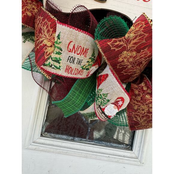 Gnome for the Holidays Christmas Wreath, Gnome Sign Green, Red, Gold Ribbons xxx - Picture 3 of 8